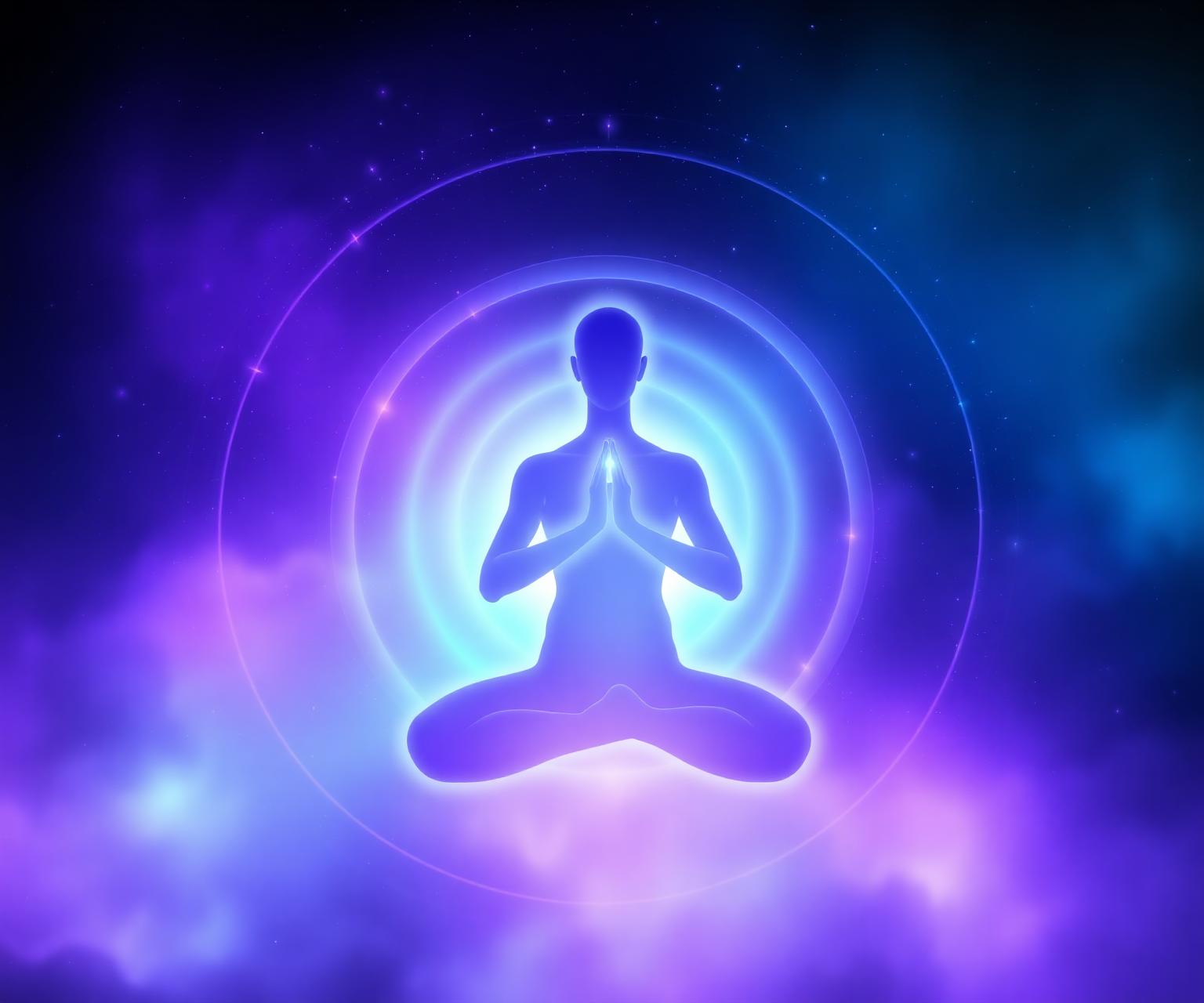 Silhueta luminosa em meditação envolta por anéis de energia